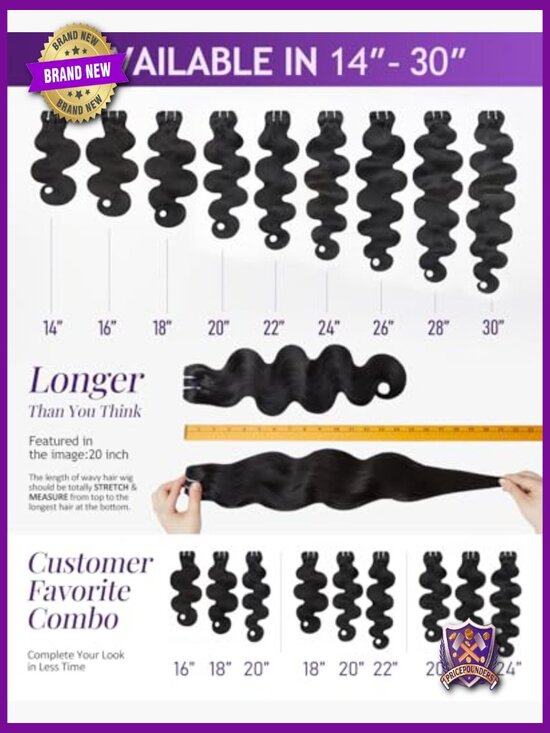 Body Wave Bundles Human Hair 16-22 inch No Tangle No Shedding 3X Long-Lasting